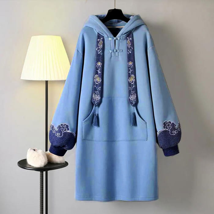 Blue Embroidery Loose Hoodie Vintage Sweatshirt Dress - M