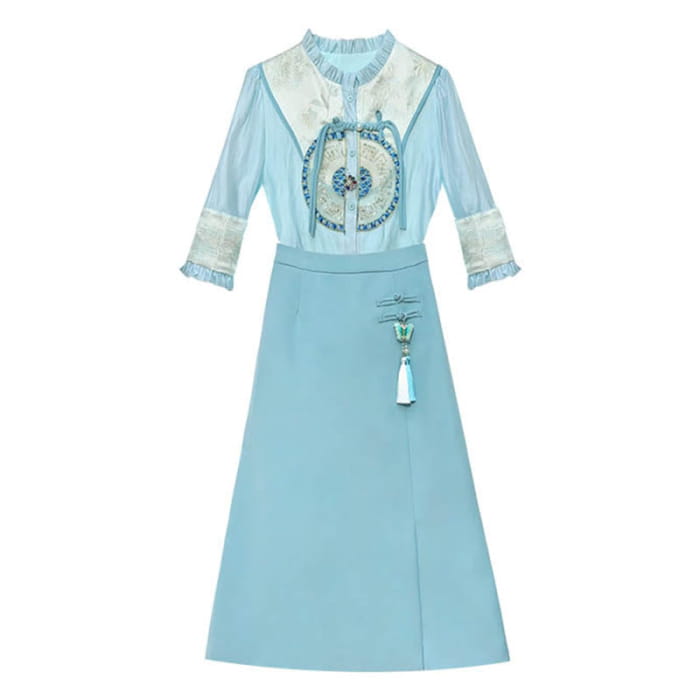 Blue Embroidery Shirt Slit Skirt Set - S