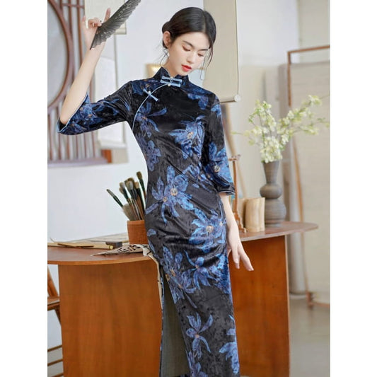 Blue Floral Cheongsam Dress - S - Female Hanfu