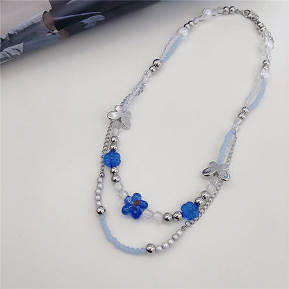 Blue Flowers Beaded Necklace - Standart