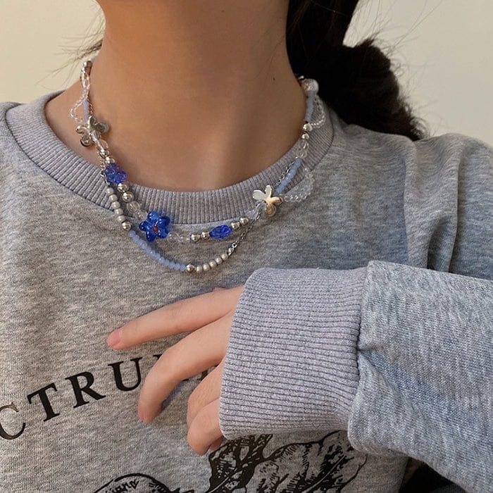 Blue Flowers Beaded Necklace - Standart