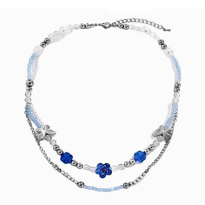 Blue Flowers Beaded Necklace - Standart