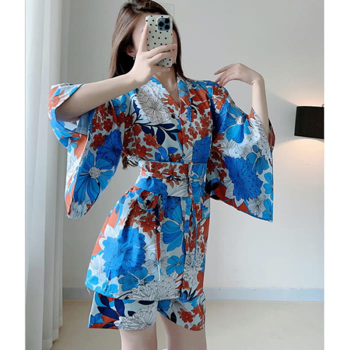 Blue Kimono Red Flowers Print Pajamas