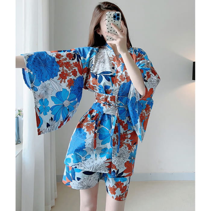 Blue Kimono Red Flowers Print Pajamas