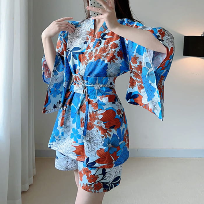 Blue Kimono Red Flowers Print Pajamas - XL