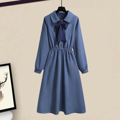 Blue Knit Sweater Bow Tie Lapel A-line Dress - M