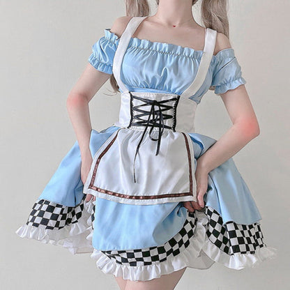 Blue Lace Up Lattice Rulffled Lolita Dress - S