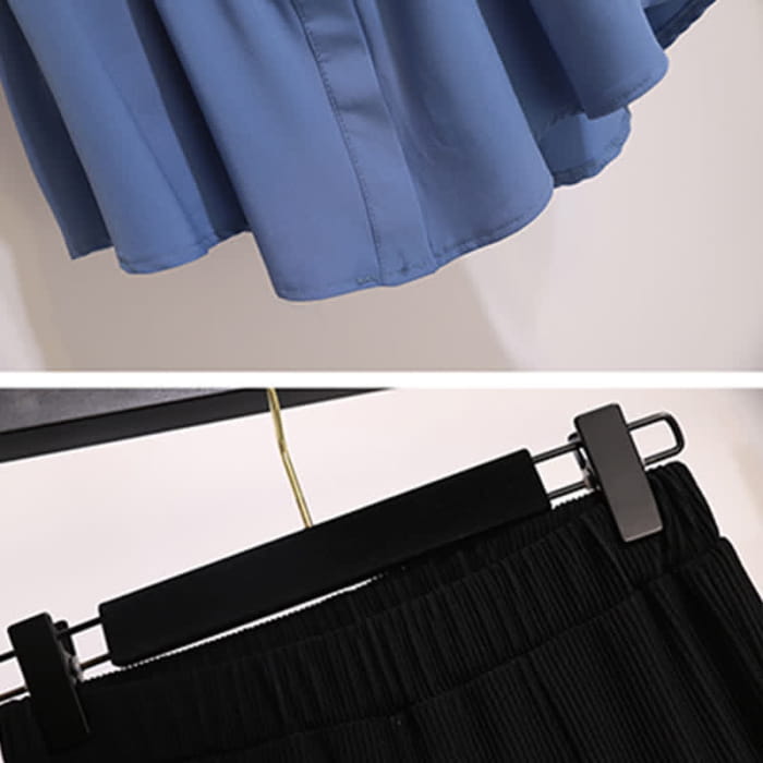 Blue Lapel Chiffon Shirt Flared Split Pants