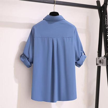 Blue Lapel Chiffon Shirt Flared Split Pants