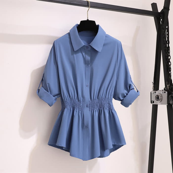 Blue Lapel Chiffon Shirt Flared Split Pants - M