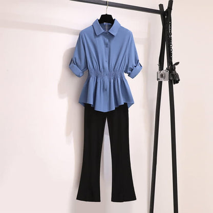 Blue Lapel Chiffon Shirt Flared Split Pants - Set / M