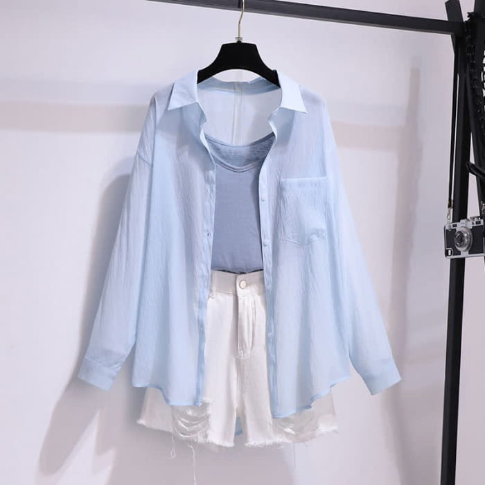 Blue Lapel Shirt Cami Top Ripped Denim Shorts - Shirt