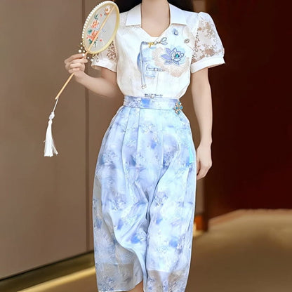 Blue Lotus Shirt High Waist Skirt Set