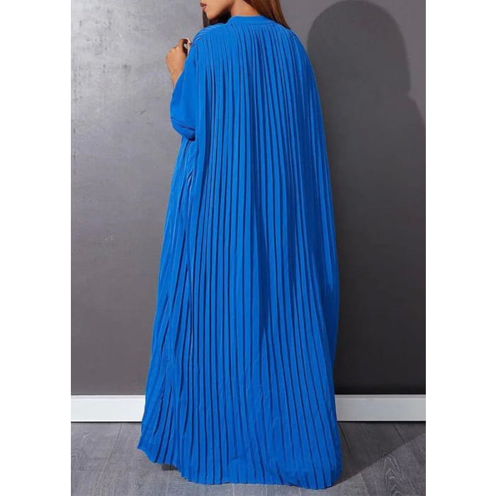 Blue O-Neck Button Vacation Maxi Dresses Long Sleeve VB1037