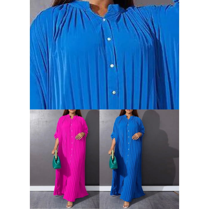 Blue O-Neck Button Vacation Maxi Dresses Long Sleeve VB1037