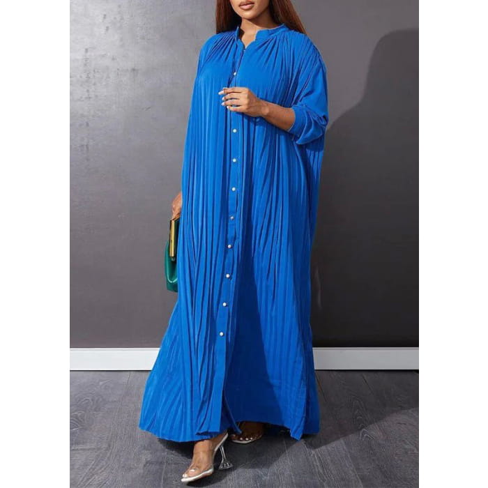 Blue O-Neck Button Vacation Maxi Dresses Long Sleeve VB1037