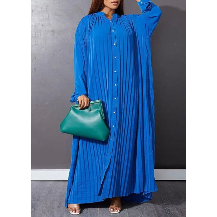 Blue O-Neck Button Vacation Maxi Dresses Long Sleeve VB1037