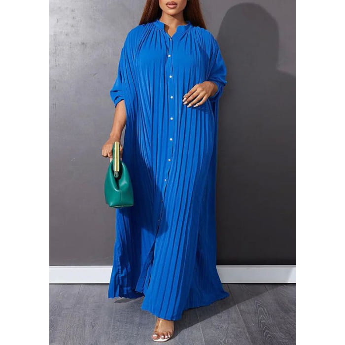 Blue O-Neck Button Vacation Maxi Dresses Long Sleeve VB1037