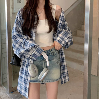 Blue Plaid Print Pocket Long Sleeve Lapel Shirt