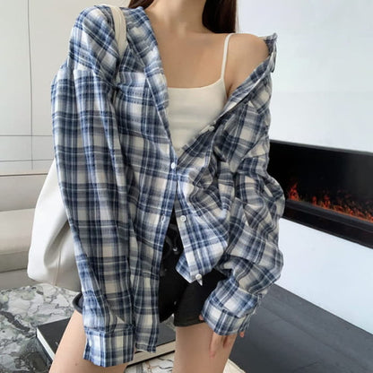 Blue Plaid Print Pocket Long Sleeve Lapel Shirt