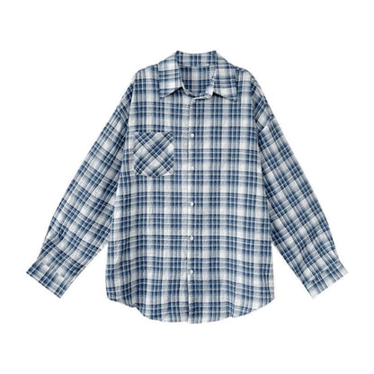 Blue Plaid Print Pocket Long Sleeve Lapel Shirt - M