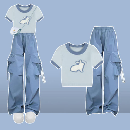 Blue Rabbit Pattern Knit T-Shirt Cargo Pants