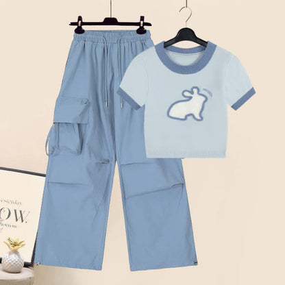 Blue Rabbit Pattern Knit T-Shirt Cargo Pants - Set A / M