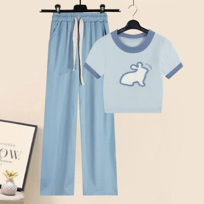 Blue Rabbit Pattern Knit T-Shirt Cargo Pants - Set B / M