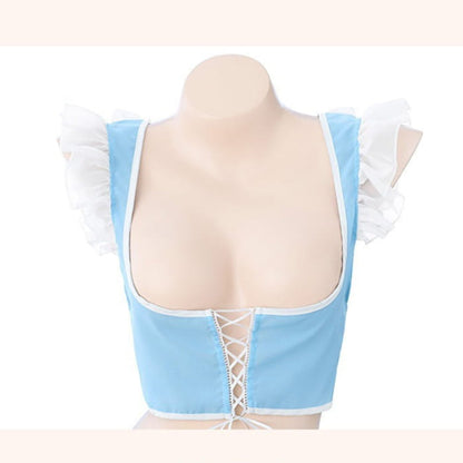 Blue Sexy Lace Up Puff Sleeve Maid Lingerie Set - One Size