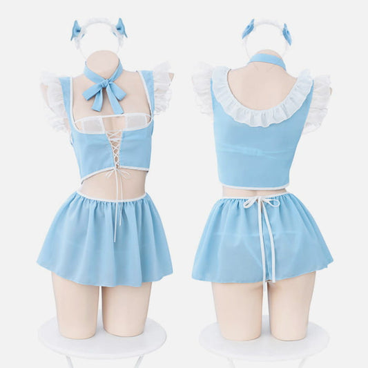 Blue Sexy Lace Up Puff Sleeve Maid Lingerie Set - One Size