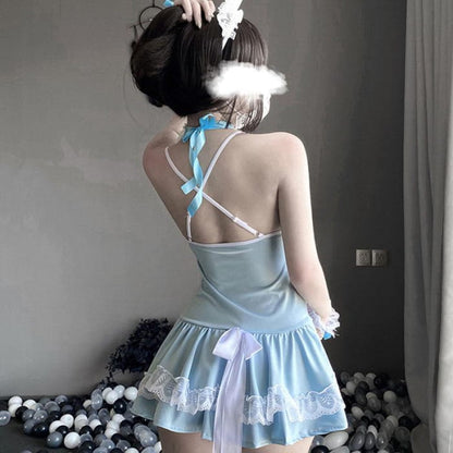 Blue Sexy Maid Lace Bow Stockings Lingerie Dress - One Size