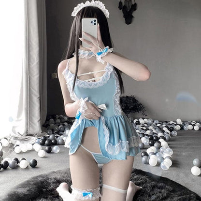 Blue Sexy Maid Lace Bow Stockings Lingerie Dress - One Size