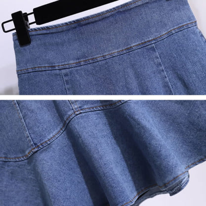 Blue Stripe Knitted T-Shirt High Waist Denim Skirt