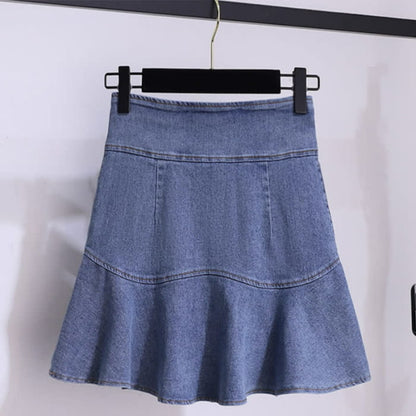 Blue Stripe Knitted T-Shirt High Waist Denim Skirt