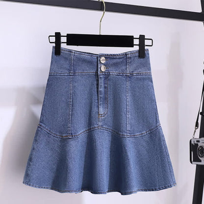 Blue Stripe Knitted T-Shirt High Waist Denim Skirt - S