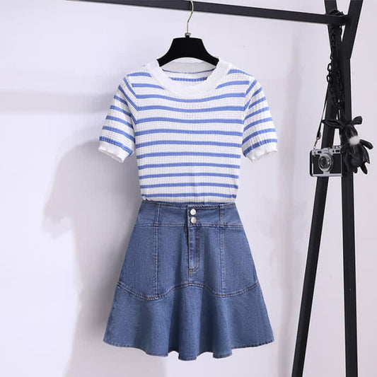 Blue Stripe Knitted T-Shirt High Waist Denim Skirt - Set / S