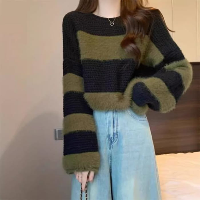 Boatneck Two Tone Sweater - Green / One Size