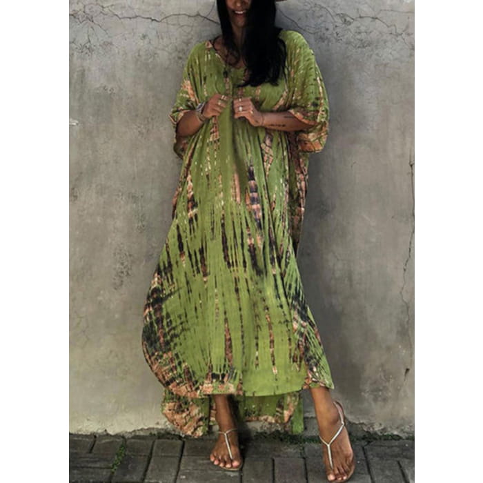 Bohemian Green V Neck Striped Print Women Beach Dress