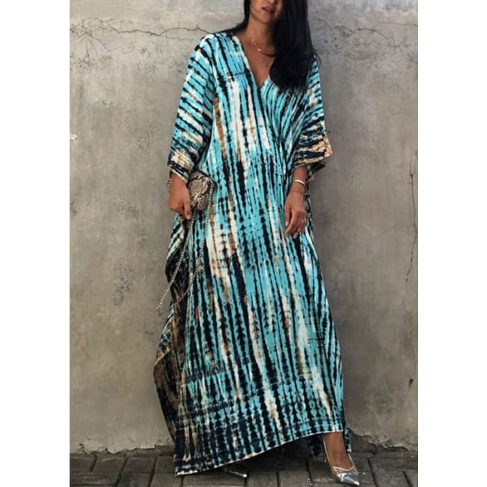 Bohemian Green V Neck Striped Print Women Beach Dress