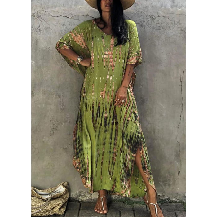 Bohemian Green V Neck Striped Print Women Beach Dress