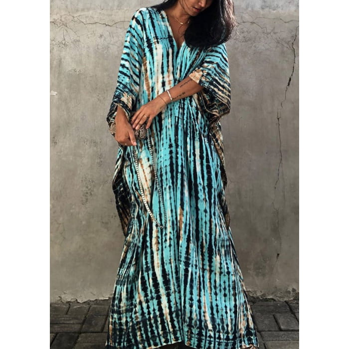 Bohemian Green V Neck Striped Print Women Beach Dress