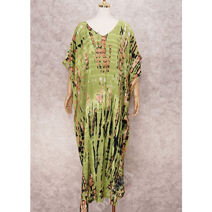 Bohemian Green V Neck Striped Print Women Beach Dress