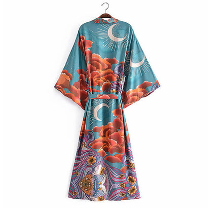 Boho Beach Moon Print Belt Robe Long Cardigan Kimono