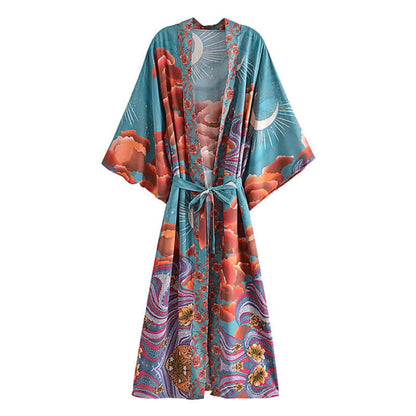 Boho Beach Moon Print Belt Robe Long Cardigan Kimono