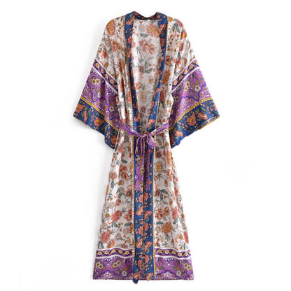 Boho Beach Print Belt Robe Long Cardigan Outerwear - Color