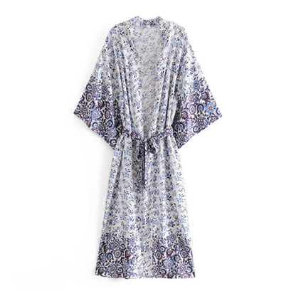 Boho Beach Print Belt Robe Long Cardigan Outerwear - Color