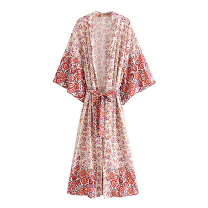 Boho Beach Print Belt Robe Long Cardigan Outerwear - Color