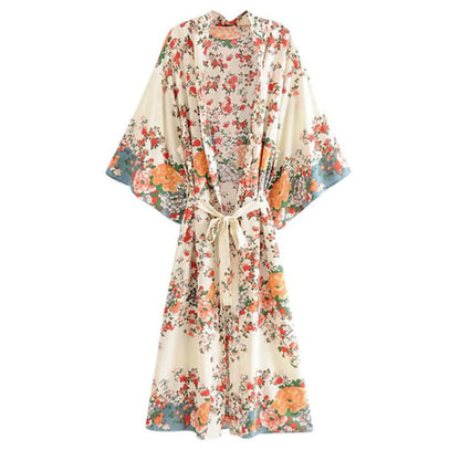 Boho Beach Print Belt Robe Long Cardigan Outerwear - Color