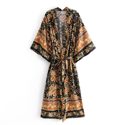 Boho Beach Print Belt Robe Long Cardigan Outerwear - Color