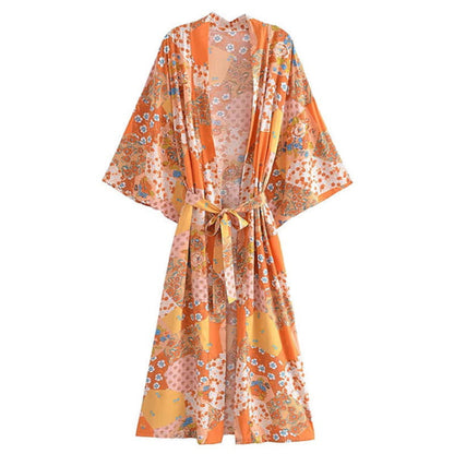 Boho Beach Print Belt Robe Long Cardigan Outerwear - Color